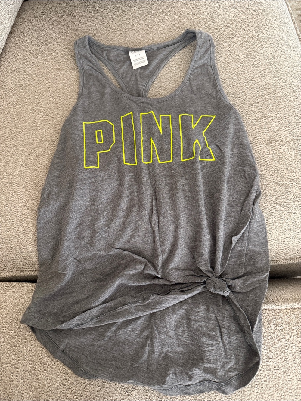 PINK Victoria's Secret Gray Racerback Tank with Neon Yellow Outline Logo